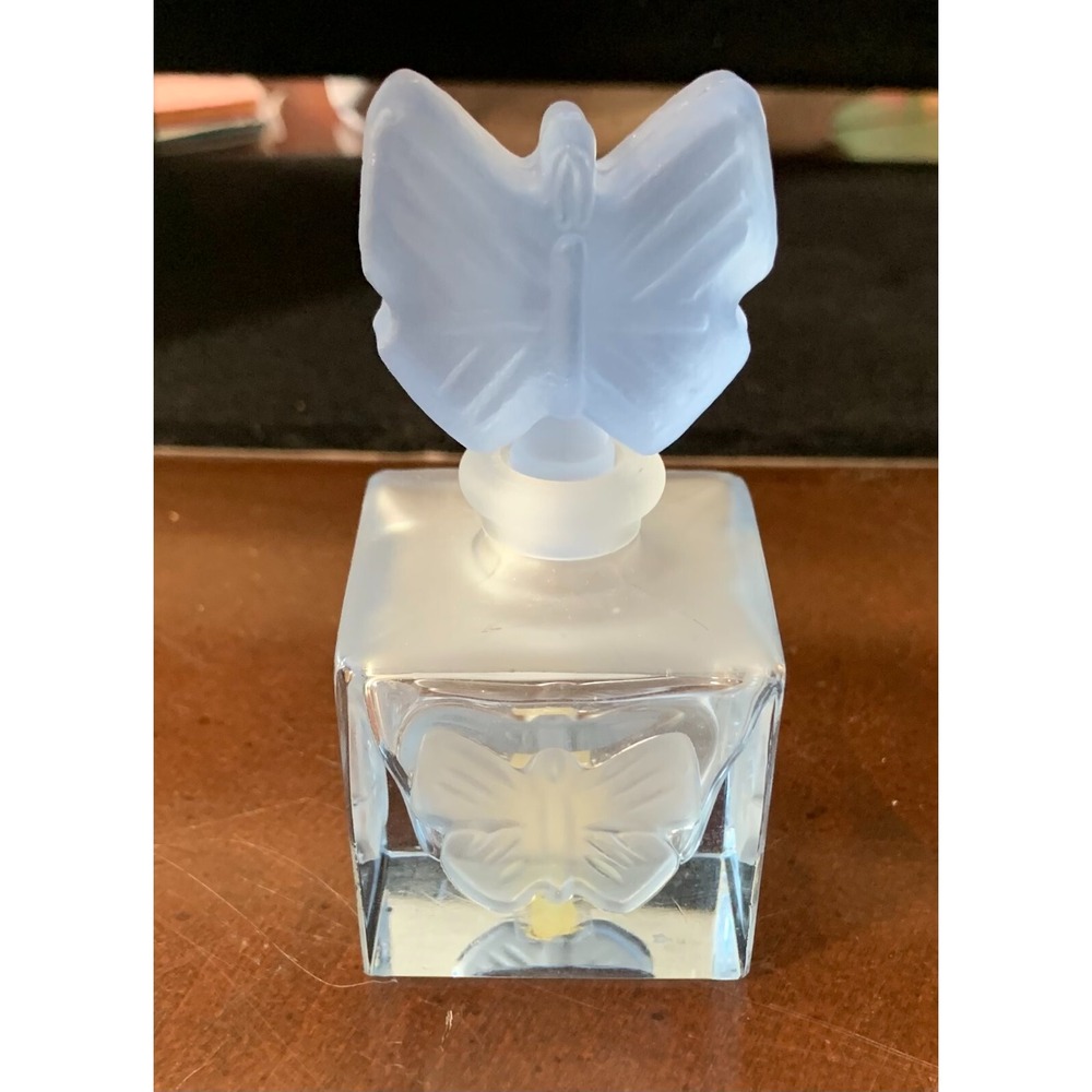 Vintage Carved‎ Frosted Enesco Glass Perfume Bottle with Butterfly Stopper Blue